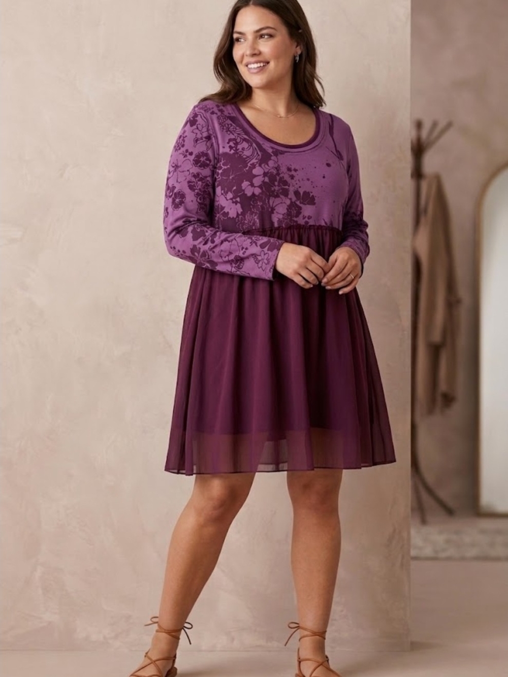 DG2 Diane Gilman Mixed Media Floral Babydoll Tunic Top Purple 1X EUC